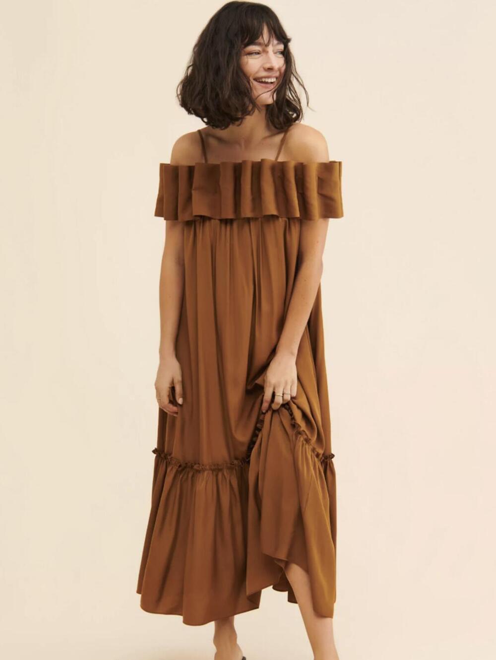Mare Mare by Anthropologie Brown Off-The-Shoulder Structure Dress - Size - Large